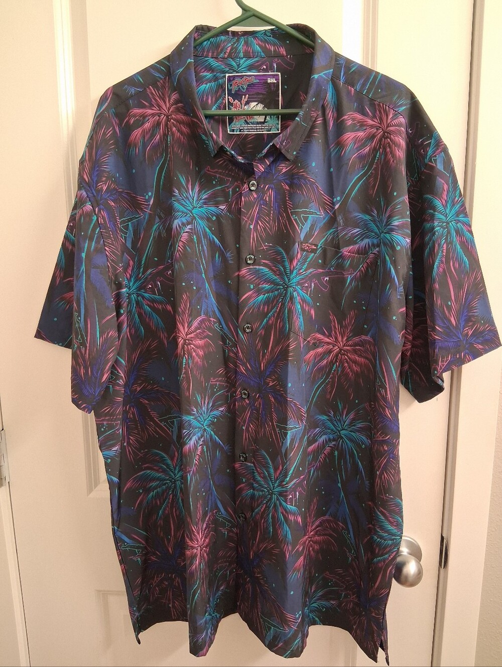 Neon Palm Short-Sleeve Button-Down Shirt - Black with Teal & Magenta